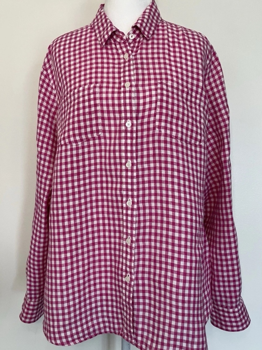 Talbots 100% Linen Petite XL Pink Gingham Check Plaid Button Down Roll Tab Coast